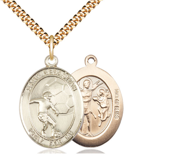 14kt Gold Filled Saint Sebastian Soccer Pendant on a 24 inch Gold Plate Heavy Curb chain