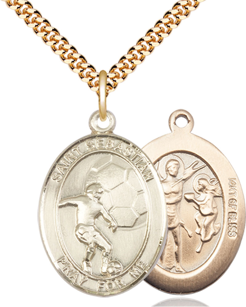 14kt Gold Filled Saint Sebastian Soccer Pendant on a 24 inch Gold Plate Heavy Curb chain