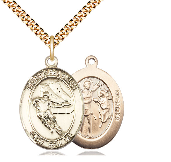 14kt Gold Filled Saint Sebastian Hockey Pendant on a 24 inch Gold Plate Heavy Curb chain