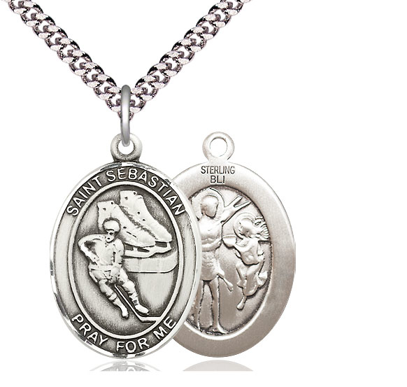 Sterling Silver Saint Sebastian Hockey Pendant on a 24 inch Light Rhodium Heavy Curb chain