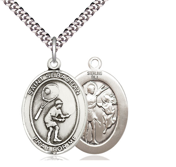 Sterling Silver Saint Sebastian Tennis Pendant on a 24 inch Light Rhodium Heavy Curb chain