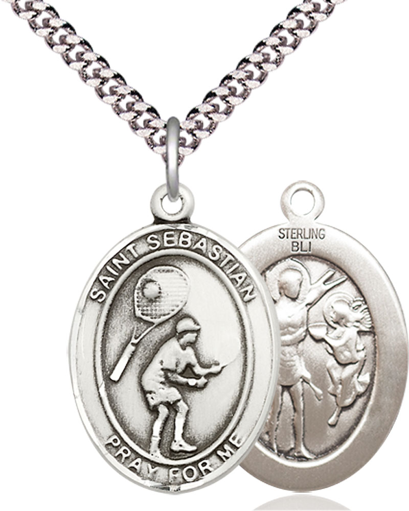 Sterling Silver Saint Sebastian Tennis Pendant on a 24 inch Light Rhodium Heavy Curb chain