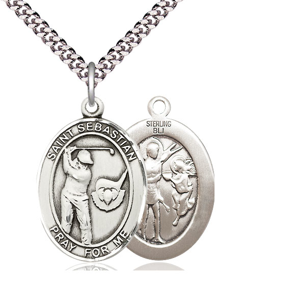 Sterling Silver Saint Sebastian Golf Pendant on a 24 inch Light Rhodium Heavy Curb chain