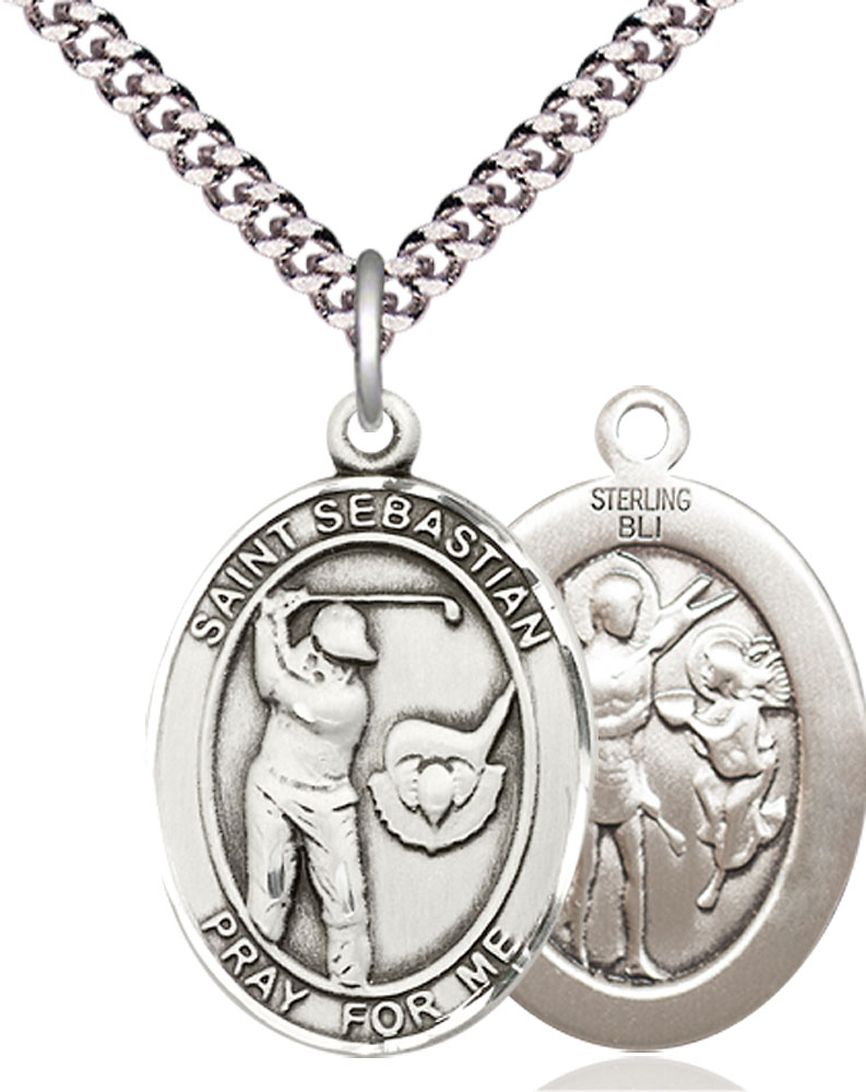 Sterling Silver Saint Sebastian Golf Pendant on a 24 inch Light Rhodium Heavy Curb chain