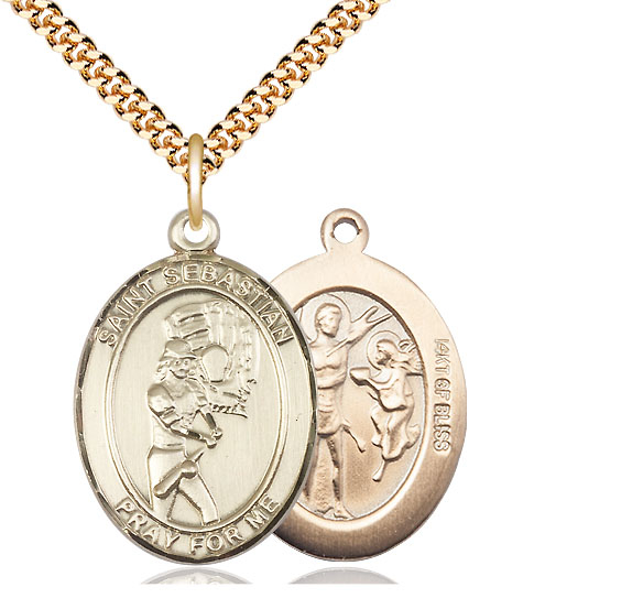 14kt Gold Filled Saint Sebastian Softball Pendant on a 24 inch Gold Plate Heavy Curb chain