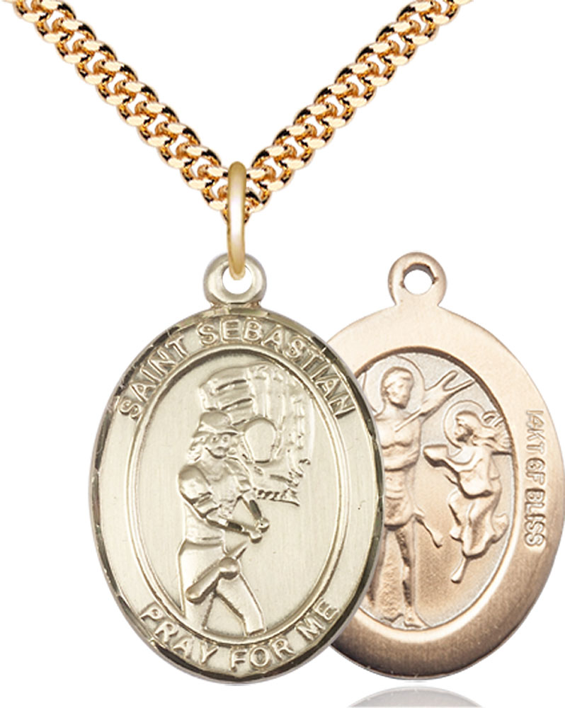 14kt Gold Filled Saint Sebastian Softball Pendant on a 24 inch Gold Plate Heavy Curb chain