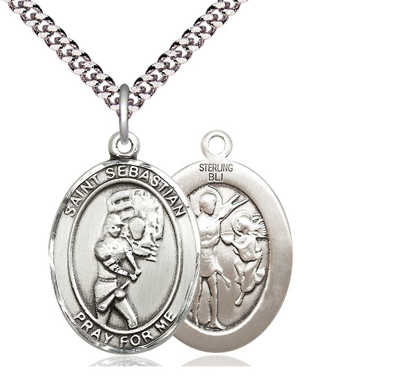 Sterling Silver Saint Sebastian Softball Pendant on a 24 inch Light Rhodium Heavy Curb chain