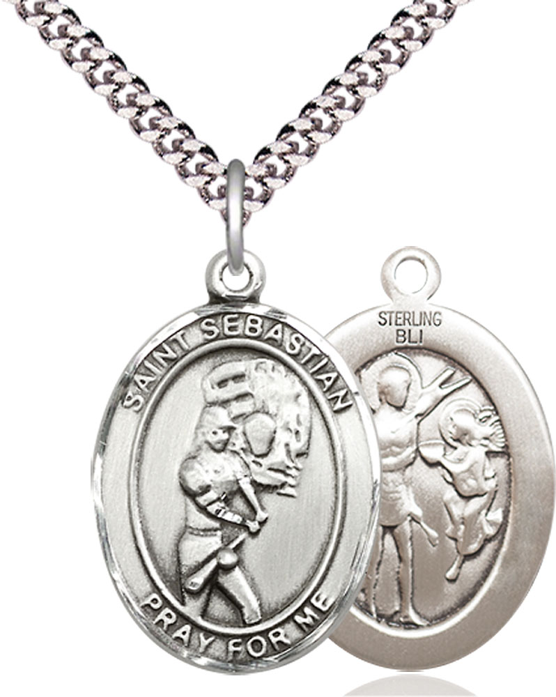 Sterling Silver Saint Sebastian Softball Pendant on a 24 inch Light Rhodium Heavy Curb chain