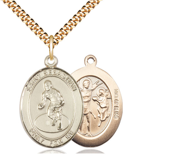 14kt Gold Filled Saint Sebastian Wrestling Pendant on a 24 inch Gold Plate Heavy Curb chain