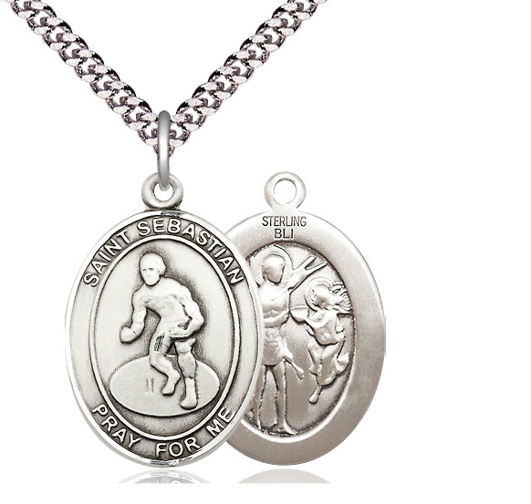 Sterling Silver Saint Sebastian Wrestling Pendant on a 24 inch Light Rhodium Heavy Curb chain