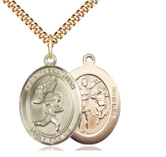 14kt Gold Filled Saint Sebastian Track and Field Pendant on a 24 inch Gold Plate Heavy Curb chain