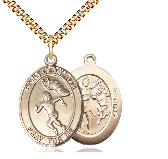 14kt Gold Filled Saint Sebastian Track and Field Pendant on a 24 inch Gold Plate Heavy Curb chain
