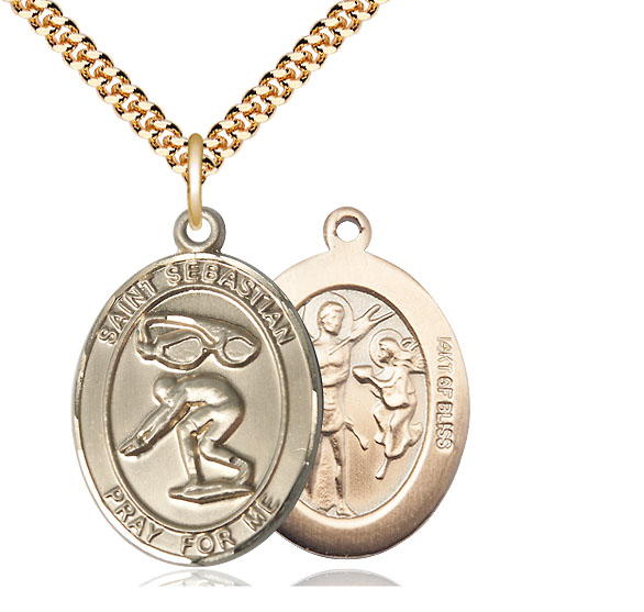 14kt Gold Filled Saint Sebastian Swimming Pendant on a 24 inch Gold Plate Heavy Curb chain