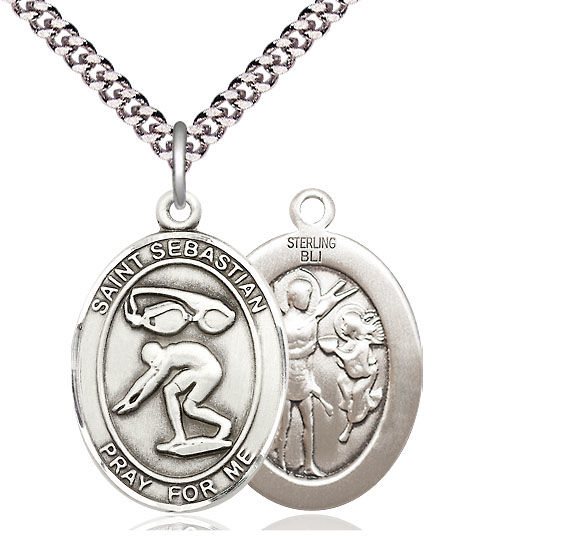 Sterling Silver Saint Sebastian Swimming Pendant on a 24 inch Light Rhodium Heavy Curb chain