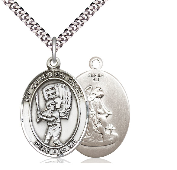 Sterling Silver Guardian Angel Baseball Pendant on a 24 inch Light Rhodium Heavy Curb chain