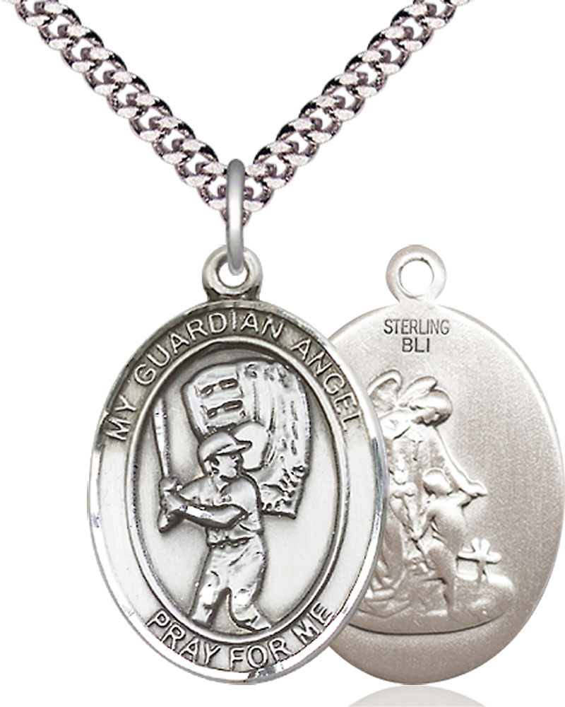 Sterling Silver Guardian Angel Baseball Pendant on a 24 inch Light Rhodium Heavy Curb chain