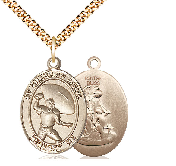 14kt Gold Filled Guardian Angel Football Pendant on a 24 inch Gold Plate Heavy Curb chain