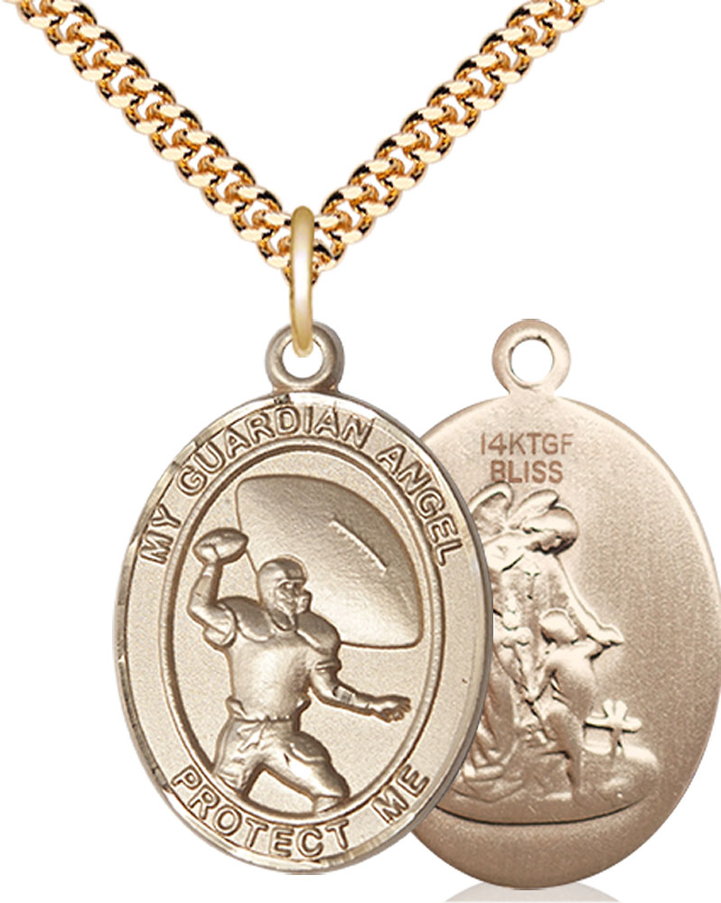 14kt Gold Filled Guardian Angel Football Pendant on a 24 inch Gold Plate Heavy Curb chain