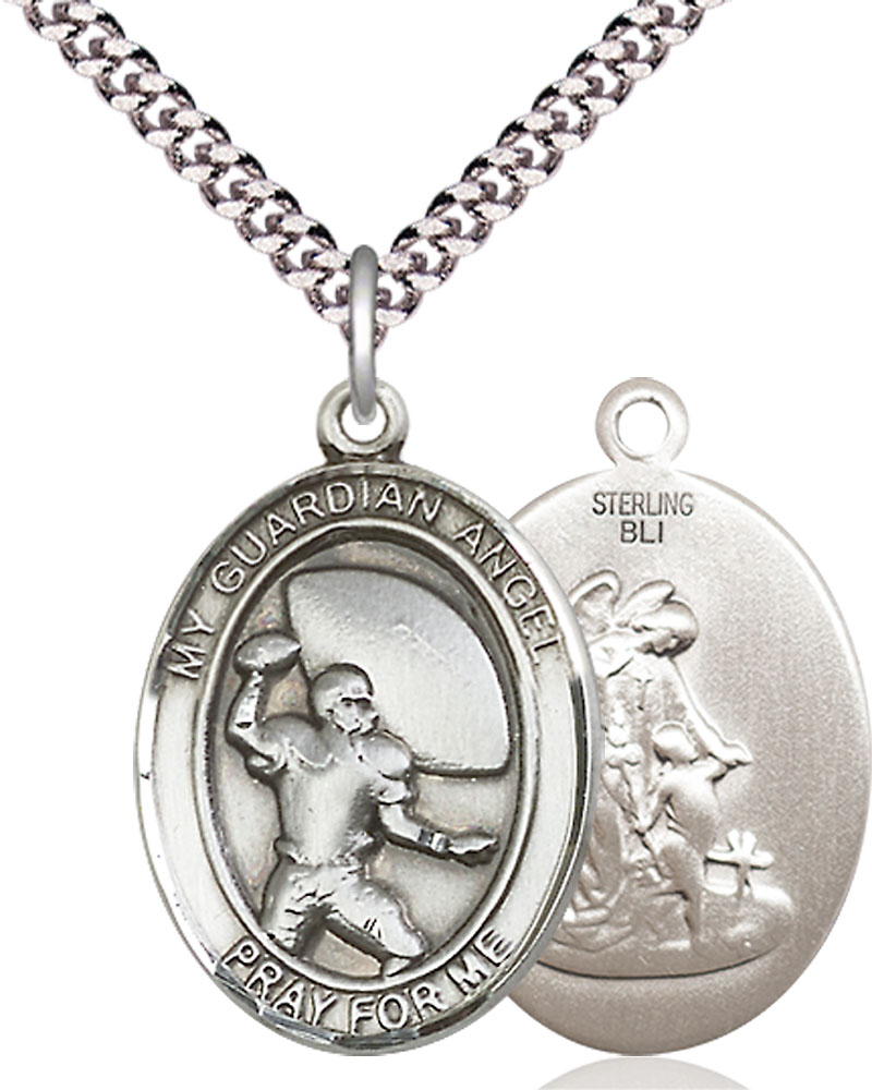 Sterling Silver Guardian Angel Football Pendant on a 24 inch Light Rhodium Heavy Curb chain