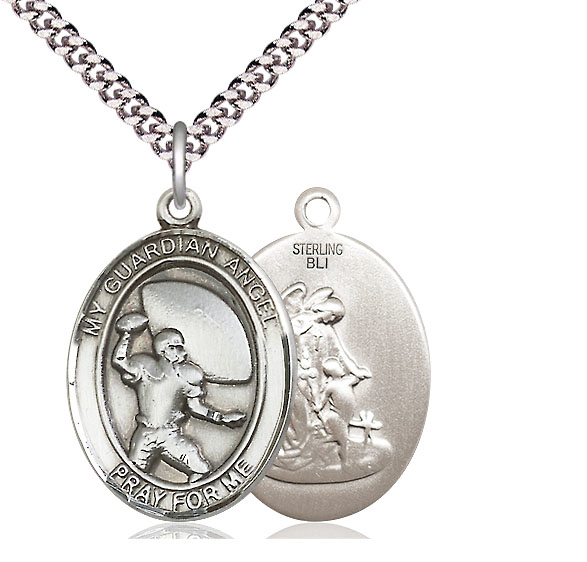 Sterling Silver Guardian Angel Football Pendant on a 24 inch Light Rhodium Heavy Curb chain
