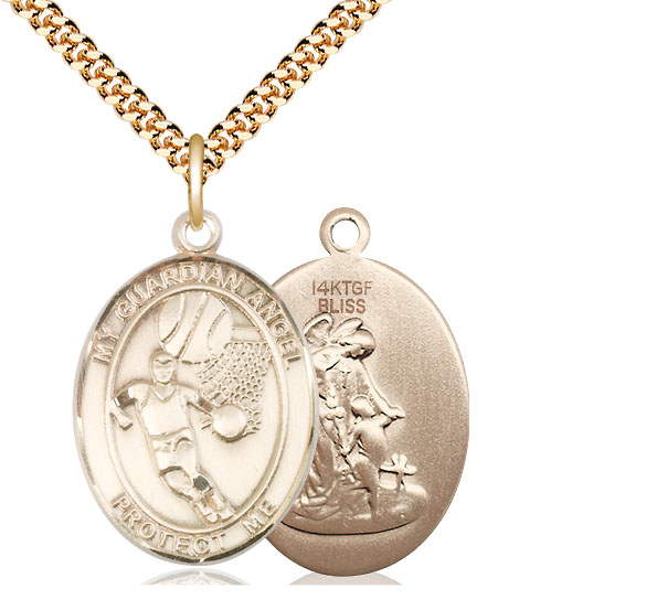 14kt Gold Filled Guardian Angel Basketball Pendant on a 24 inch Gold Plate Heavy Curb chain
