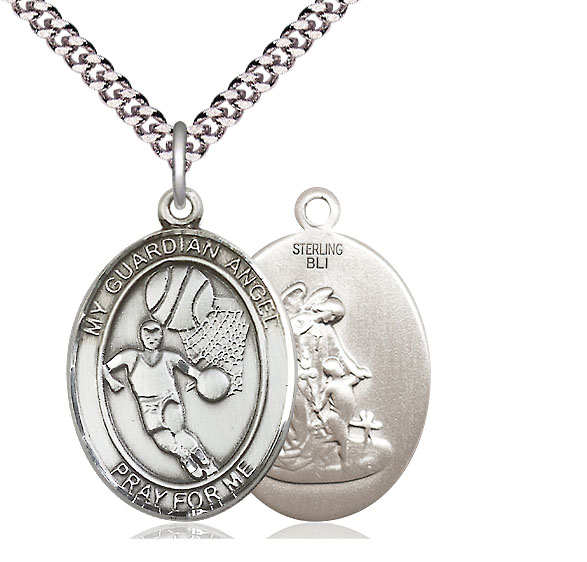 Sterling Silver Guardian Angel Basketball Pendant on a 24 inch Light Rhodium Heavy Curb chain