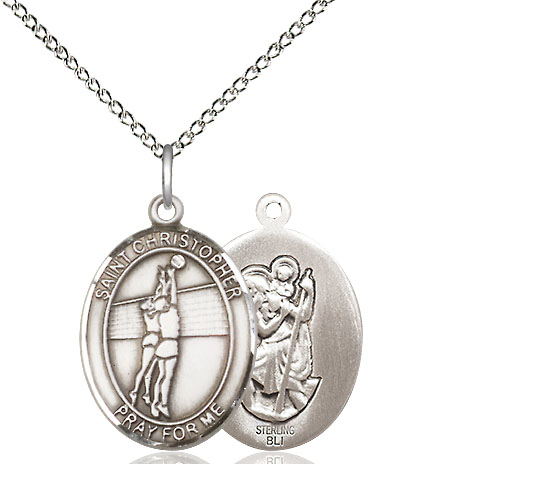 Sterling Silver Saint Christopher Volleyball Pendant on a 18 inch Sterling Silver Light Curb chain