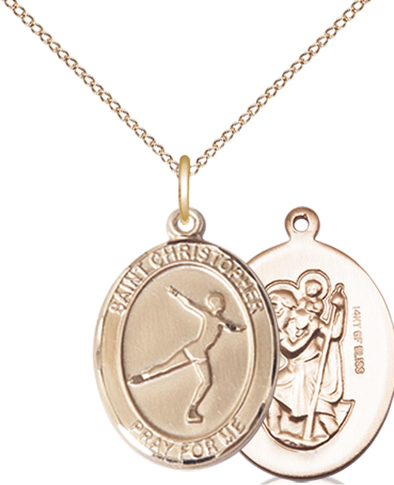14kt Gold Filled Saint Christopher Figure Skating Pendant on a 18 inch Gold Filled Light Curb chain