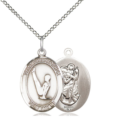 Sterling Silver Saint Christopher Gymnastics Pendant on a 18 inch Sterling Silver Light Curb chain
