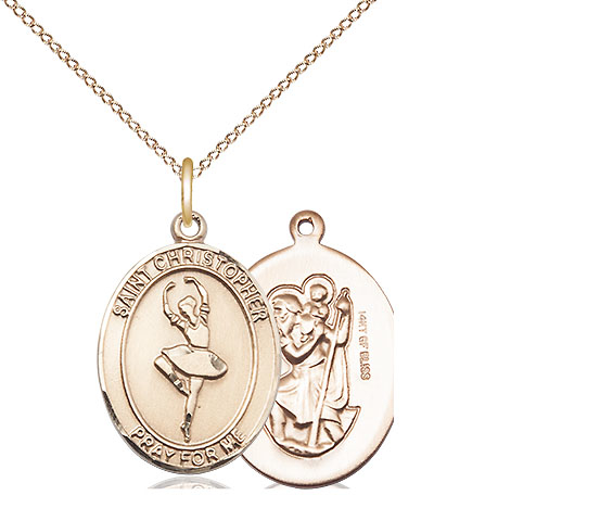 14kt Gold Filled Saint Christopher Dance Pendant on a 18 inch Gold Filled Light Curb chain