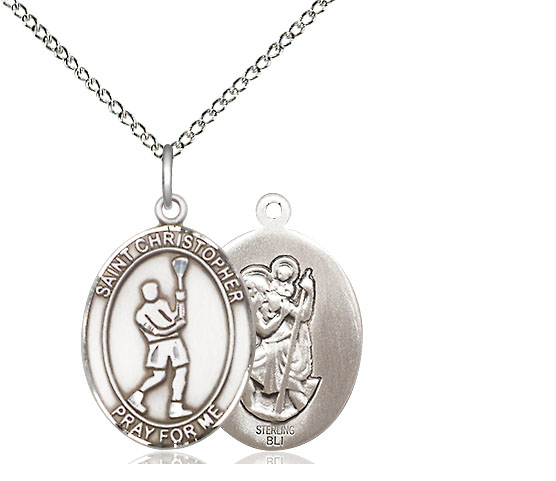 Sterling Silver Saint Christopher Lacrosse Pendant on a 18 inch Sterling Silver Light Curb chain