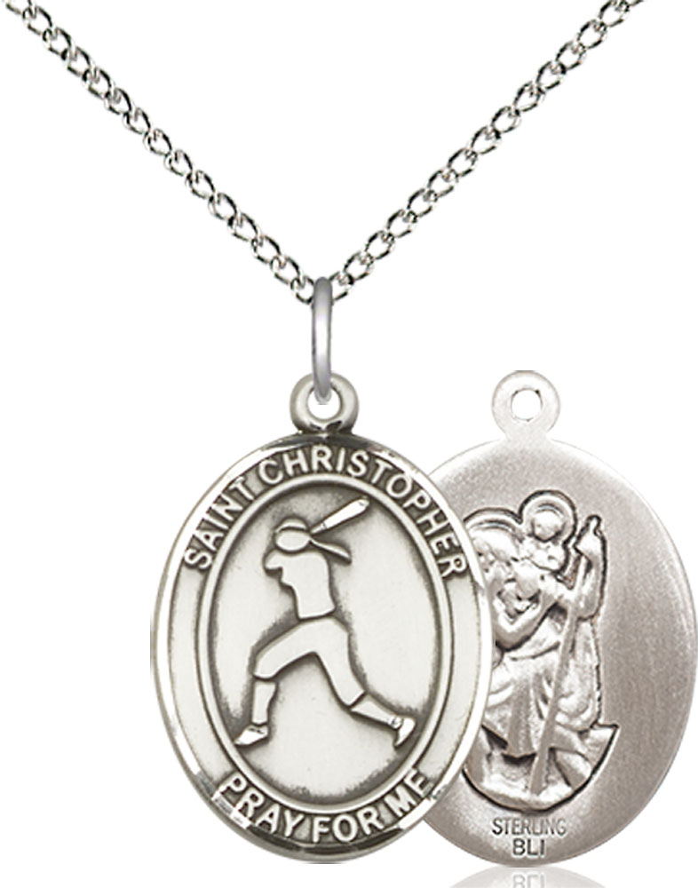 Sterling Silver Saint Christopher Softball Pendant on a 18 inch Sterling Silver Light Curb chain