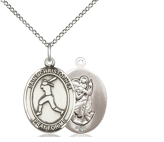 Sterling Silver Saint Christopher Softball Pendant on a 18 inch Sterling Silver Light Curb chain