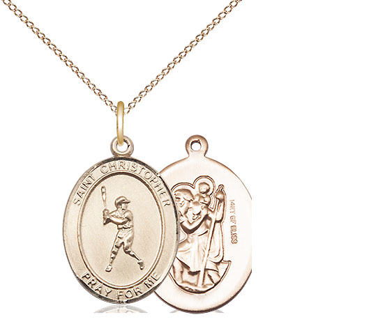 14kt Gold Filled Saint Christopher Baseball Pendant on a 18 inch Gold Filled Light Curb chain