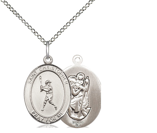 Sterling Silver Saint Christopher Baseball Pendant on a 18 inch Sterling Silver Light Curb chain