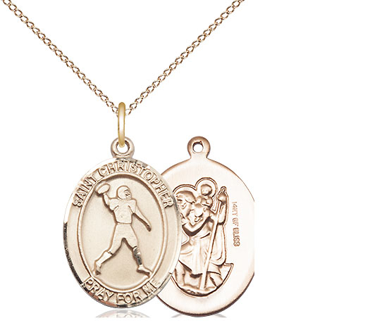 14kt Gold Filled Saint Christopher Football Pendant on a 18 inch Gold Filled Light Curb chain