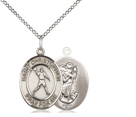 Sterling Silver Saint Christopher Football Pendant on a 18 inch Sterling Silver Light Curb chain