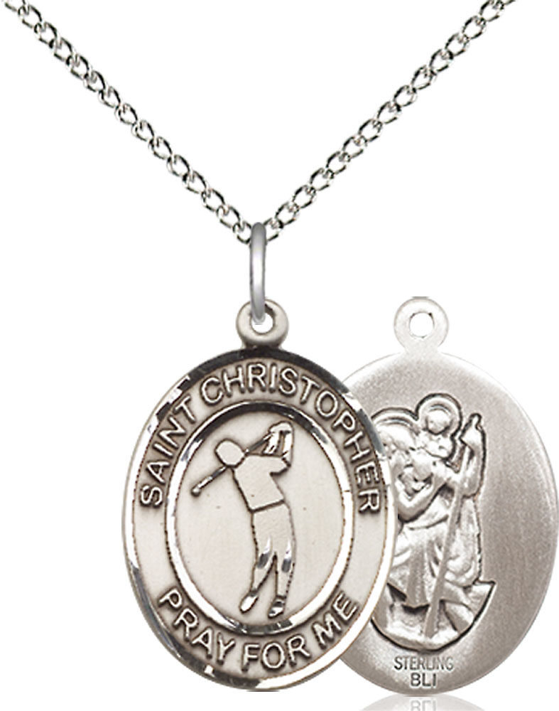 Sterling Silver Saint Christopher Golf Pendant on a 18 inch Sterling Silver Light Curb chain