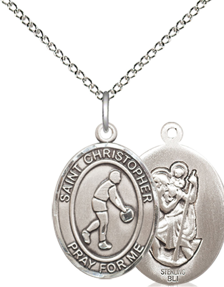 Sterling Silver Saint Christopher Basketball Pendant on a 18 inch Sterling Silver Light Curb chain