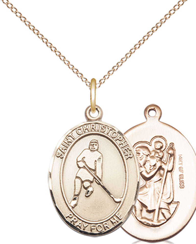 14kt Gold Filled Saint Christopher Ice Hockey Pendant on a 18 inch Gold Filled Light Curb chain
