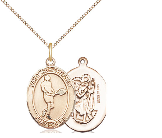 14kt Gold Filled Saint Christopher Tennis Pendant on a 18 inch Gold Filled Light Curb chain