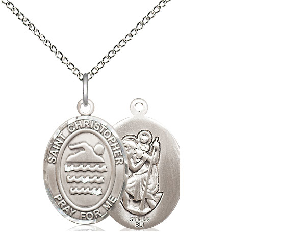 Sterling Silver Saint Christopher Swimming Pendant on a 18 inch Sterling Silver Light Curb chain