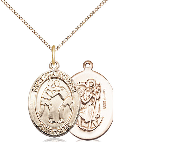 14kt Gold Filled Saint Christopher Wrestling Pendant on a 18 inch Gold Filled Light Curb chain