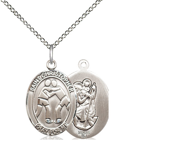 Sterling Silver Saint Christopher Wrestling Pendant on a 18 inch Sterling Silver Light Curb chain