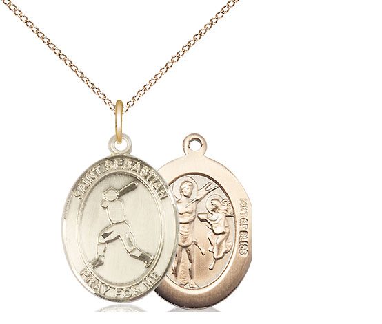 14kt Gold Filled Saint Sebastian Baseball Pendant on a 18 inch Gold Filled Light Curb chain