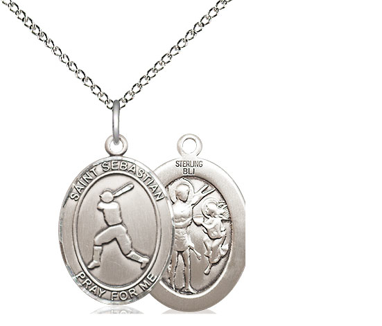 Sterling Silver Saint Sebastian Baseball Pendant on a 18 inch Sterling Silver Light Curb chain