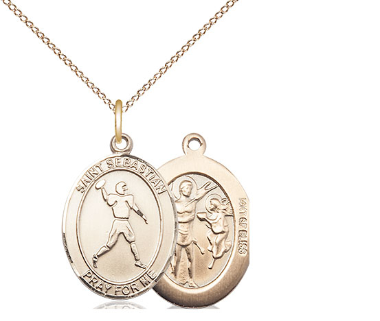 14kt Gold Filled Saint Sebastian Football Pendant on a 18 inch Gold Filled Light Curb chain