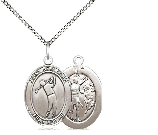 Sterling Silver Saint Sebastian Golf Pendant on a 18 inch Sterling Silver Light Curb chain