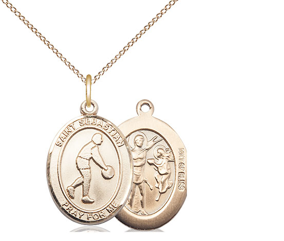 14kt Gold Filled Saint Sebastian Basketball Pendant on a 18 inch Gold Filled Light Curb chain