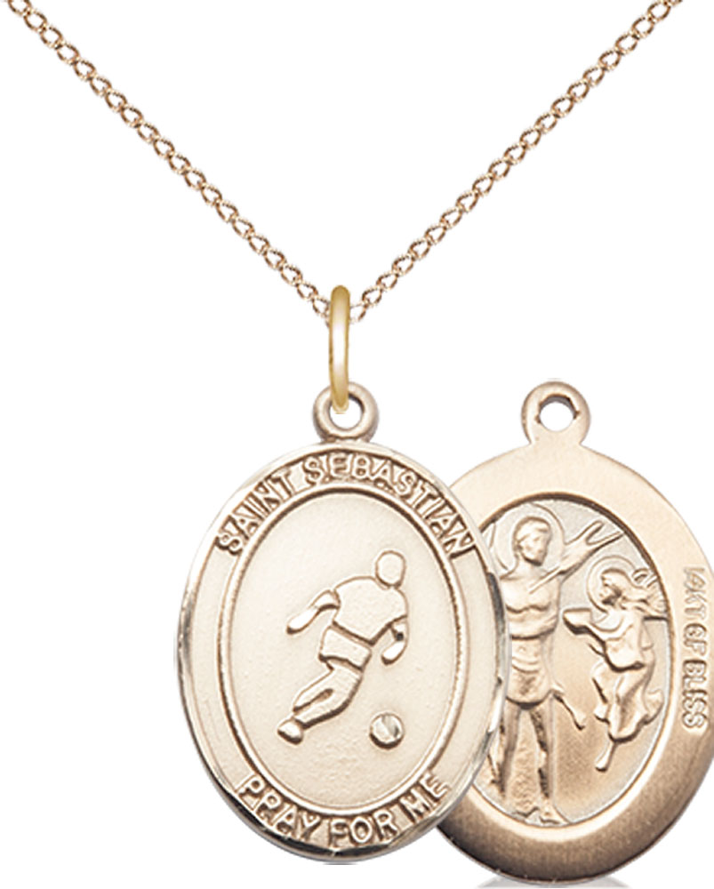 14kt Gold Filled Saint Sebastian Soccer Pendant on a 18 inch Gold Filled Light Curb chain